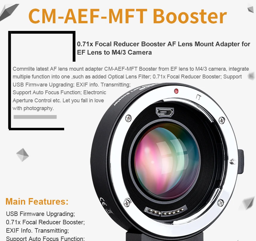 Commlite 0.71x Электронный Автофокус редуктор Скорость усилитель адаптер для Canon объектив к M4/3 камера GH4 GH5 GF6 E-M10 OM-D GH5S