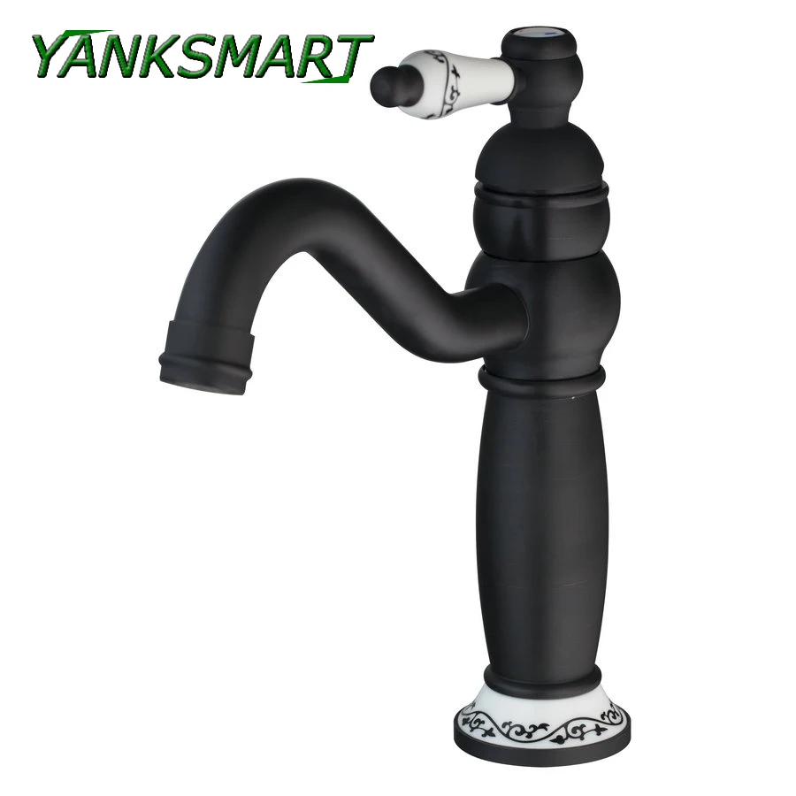 

YANKSMART Oil Rubbed Bronze Bathroom Sink Basin Faucet Mixer Tap Ceramics Handle Base Deck mounted Faucet Hot Cold Mixer Tap