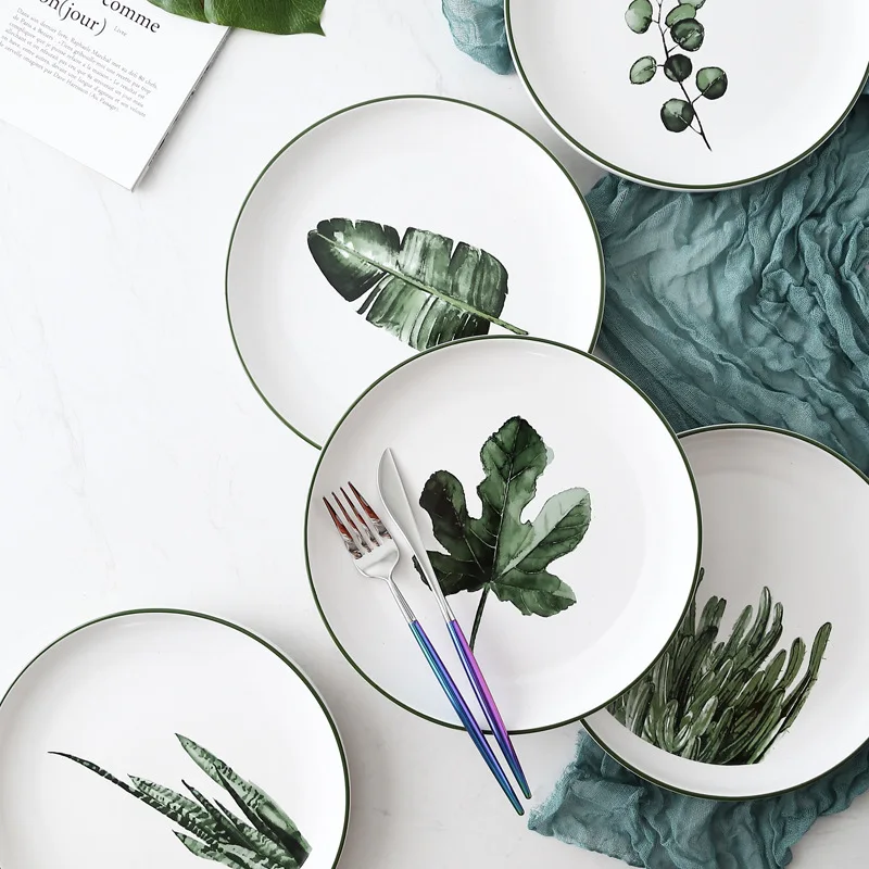 23 см Горячие Новые тропические керамические зеленые растения Тарелка десертная