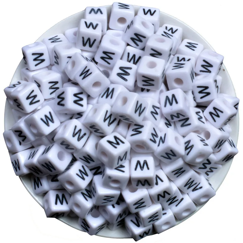 

Acrylic Spacer Beads Square White Letter Pattern "W" About 10mm(3/8")x 10mm(3/8"),Hole: Approx 4mm,50 PCs