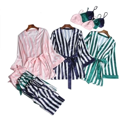 Новый дизайн 2018 женские атласные пижамные комплекты Халат + бюстгальтер подтяжки