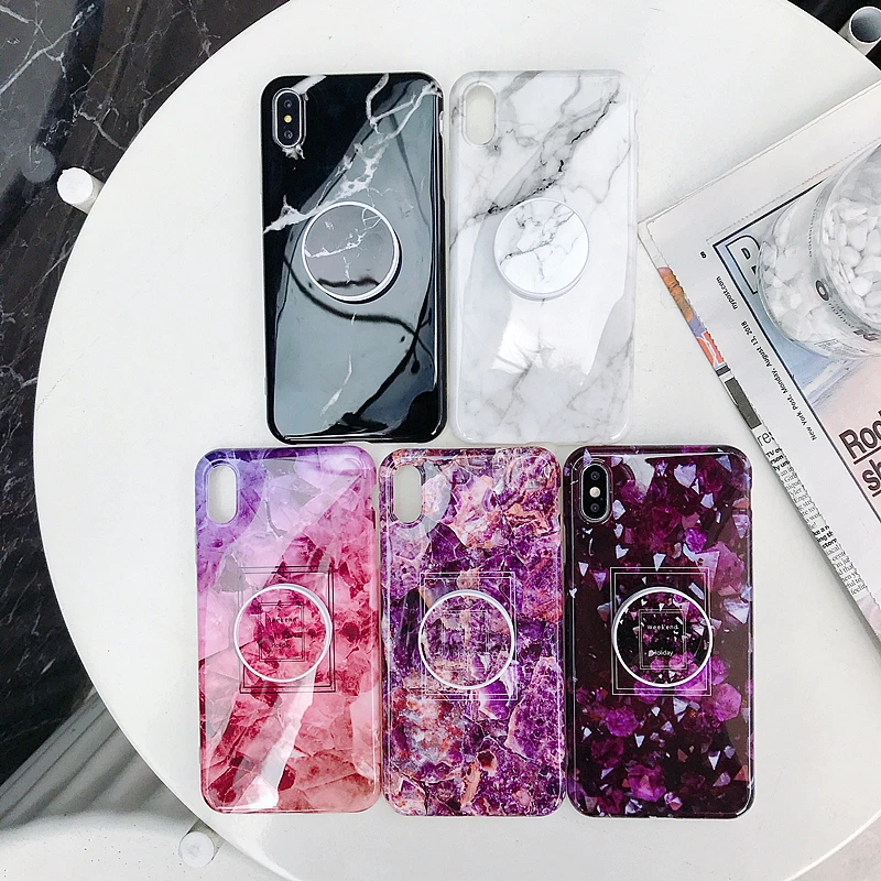 Глянцевый чехол для телефона с подставкой и мраморным рисунком iPhone 11 12 Mini Pro XS Max XR