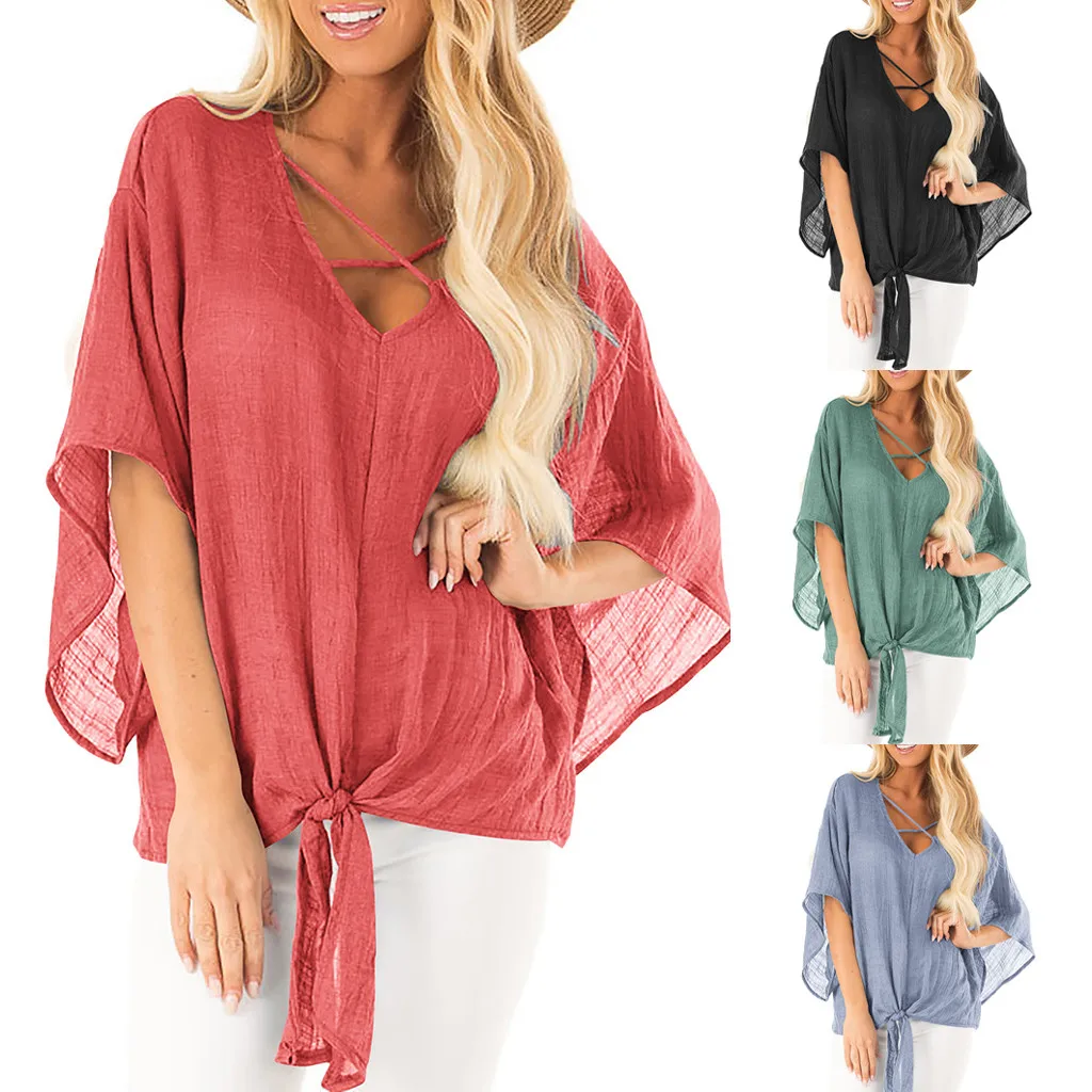 

FREE OSTRICH Women Shirts Bat Shirt Casual V-neck Blouse Batwing Sleeved Bow Flower Pink Dignified Summer Blouse Women Shirts