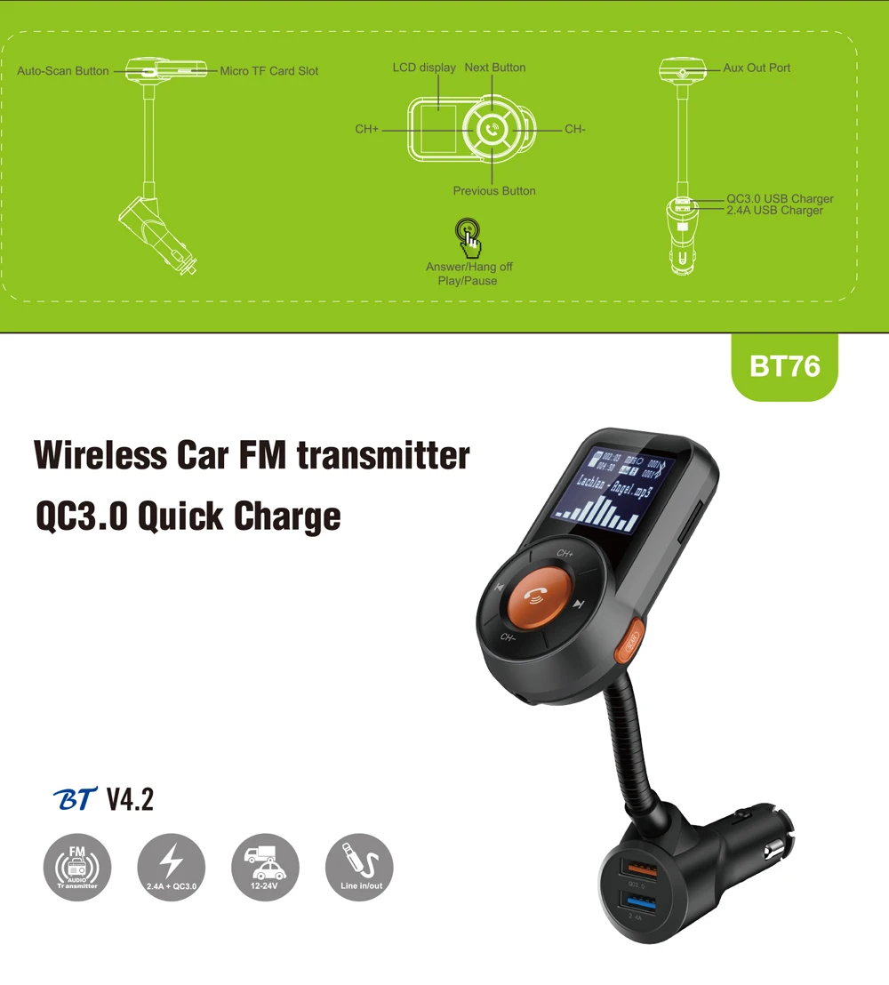 Автомобильный MP3-плеер QC3.0 быстрая зарядка автомобильное Зарядное устройство TF карты музыка aux аудио Выход Bluetooth FM передатчик Bluetooth car Kit