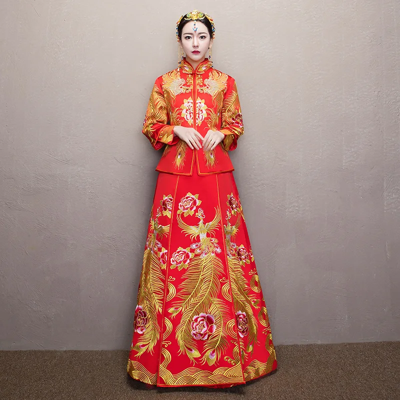 Невесты Для женщин феникс вышивка платье Чонсам красный Qipao длинные традиционные