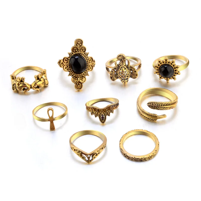 Женский винтажный комплект колец на фалангу со слоником тибетский Античный цвет