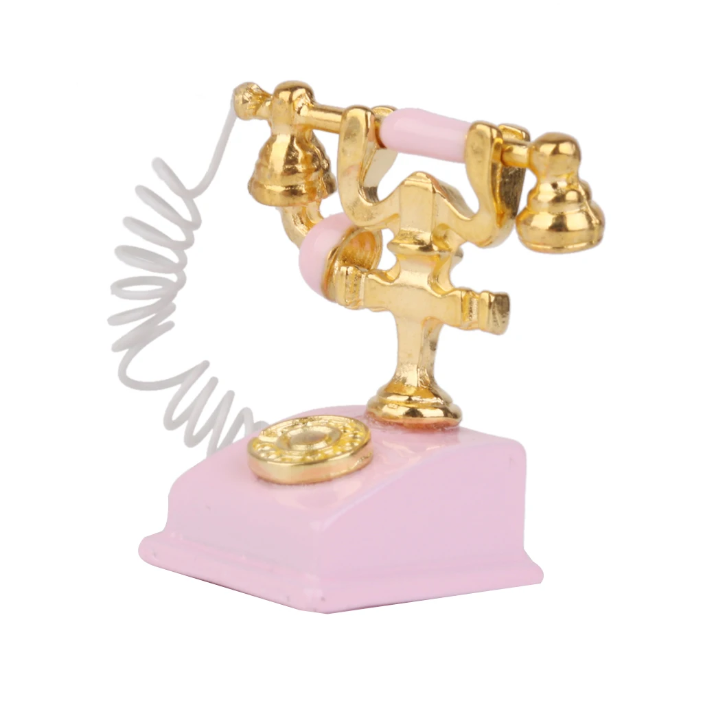 1/12 ретро телефон розовый винтажный Настольный кукольный домик Миниатюрная