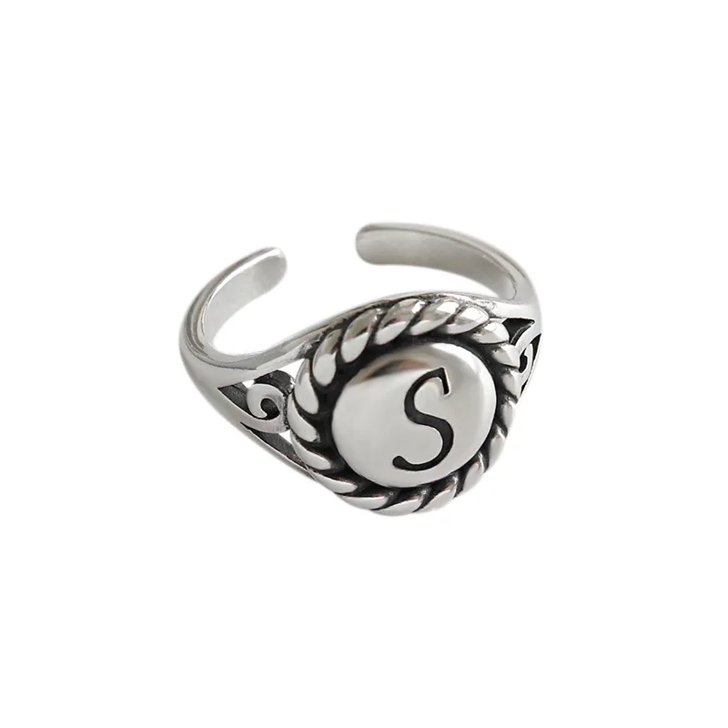 

Retro 100% 925 sterling silver letter s rings for women accessories, vintage round adjustable ring silver 925 fine jewelry
