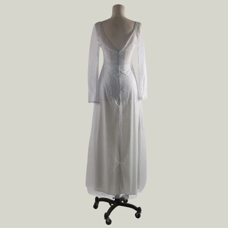 Модные серые вечерние платья с длинным рукавом и v образным вырезом юбки из