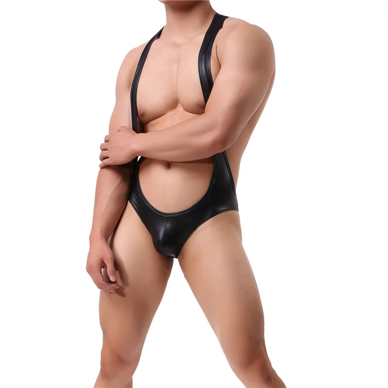 Faux Leather Men Bodysuit Shaper Sexy Body Shapewear Suit Slimming Belt Mens Bodywear Wresting Singlet Club Lingerie Shapers