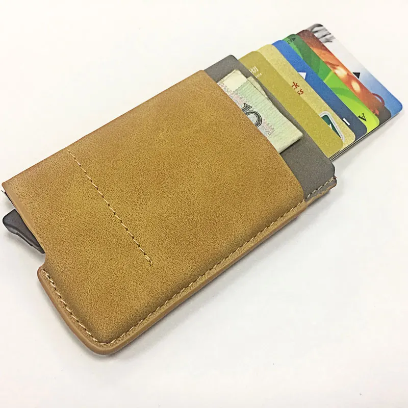 Для мужчин и женщин держатель кредитной карты искусственная кожа Crazy Horse Cardholder алюминиевый держатель кредитной карты Rfid металлическая карта слайдер кошелек