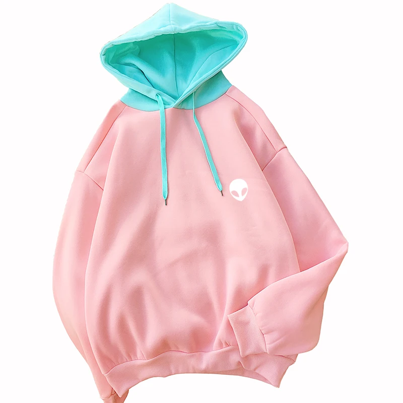 

2018 Autumn Winter Women Swearshirt Harajuku Cartoon Alien Print Fleece Warm Hoodies Casual Kawaii Patchwork Pullover Streetwear