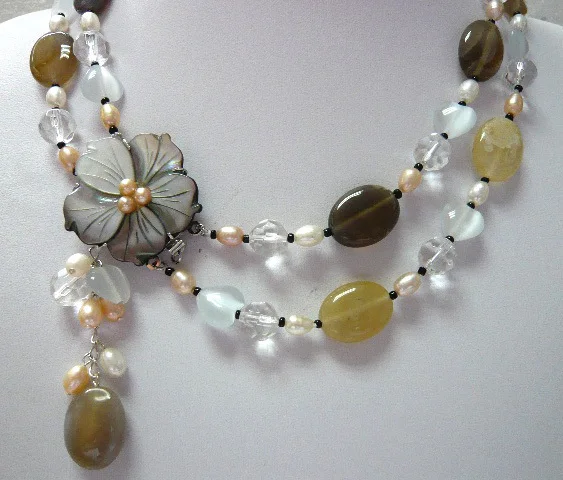 

trendstyle mixed pearl & jades pink flower necklace pendant