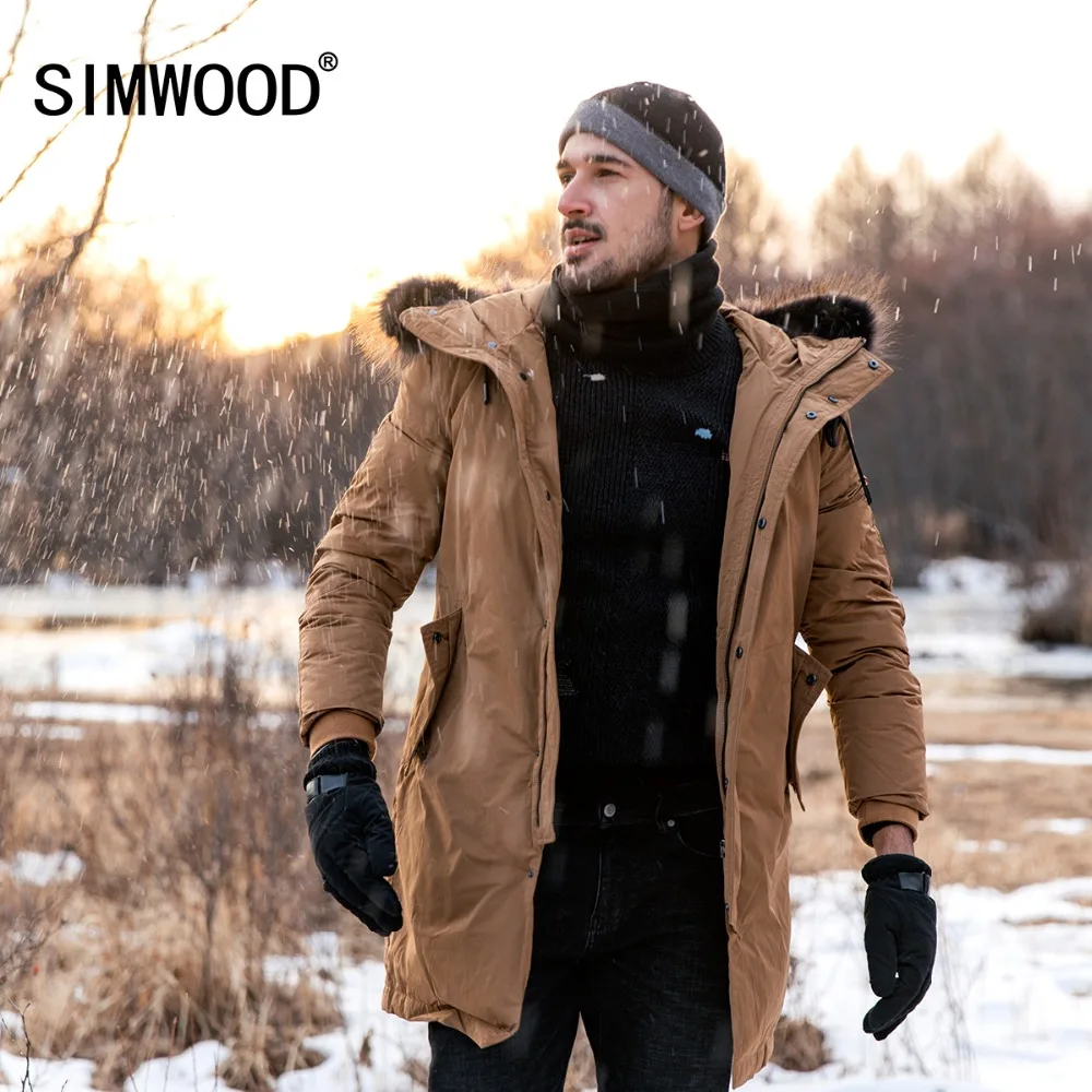 SIMWOOD Зимняя парка на утином пуху для мужчин с капюшоном теплая куртка Slim Fit