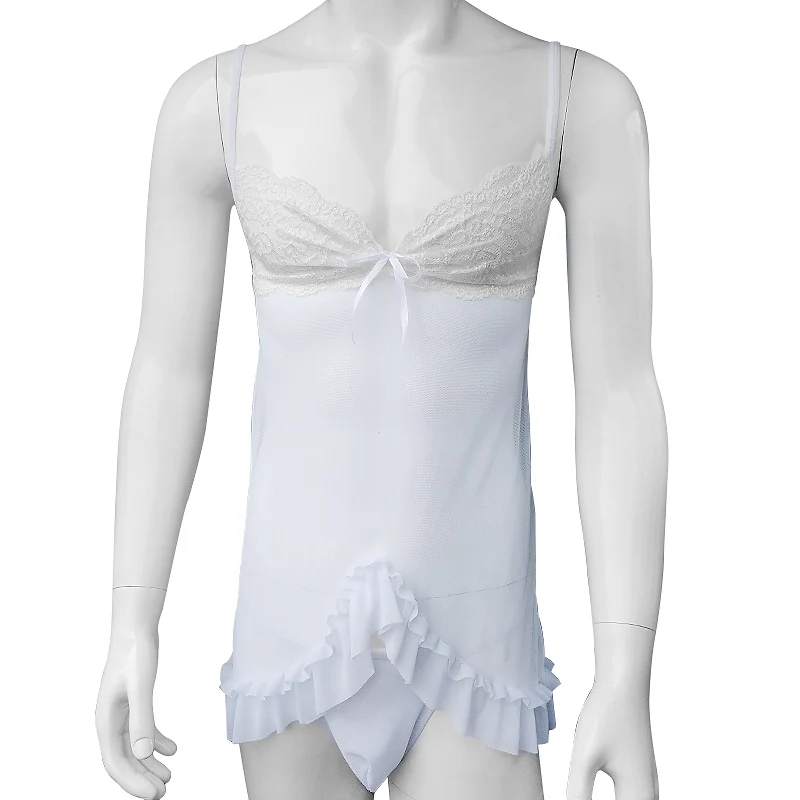 Белый Сексуальное нижнее белье SISSY Кружева Babydoll стринги сексуальное прозрачное Сетчатое нижнее белье для мужчин Ночная сорочка комплект сексуальной пижамы - Цвет: Белый
