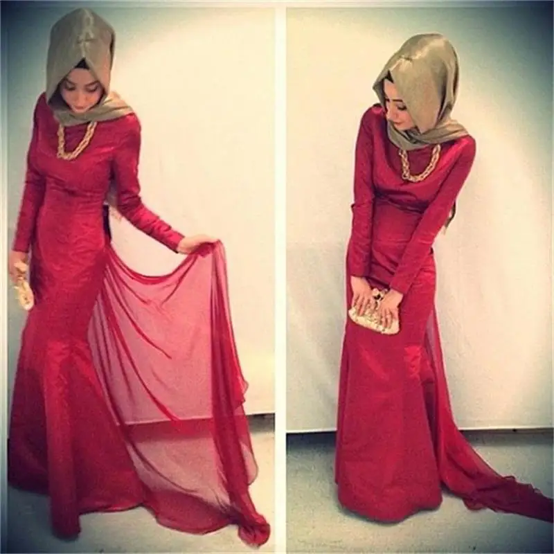 Hijab Long Sleeve Red Mermaid Evening Dress 2015 Elegant Sexy Plus Size Arabic Style Muslim Prom Dresses Formal Party Gown | Свадьбы и