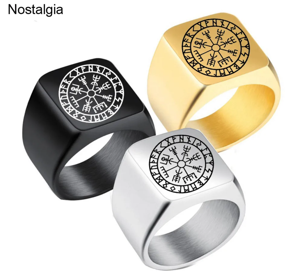 

Nostalgia Stainless Steel Norse Viking Vegvisir Compass Titanium Runic Runes Mens Signet Finger Rings Black