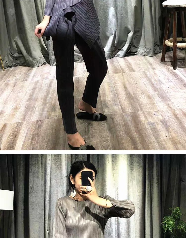 Changpleat Весенние новые женские комплекты Miyak плиссированные Модные Дизайнерские однотонные тонкие эластичные футболки и штаны костюмы из двух частей S9