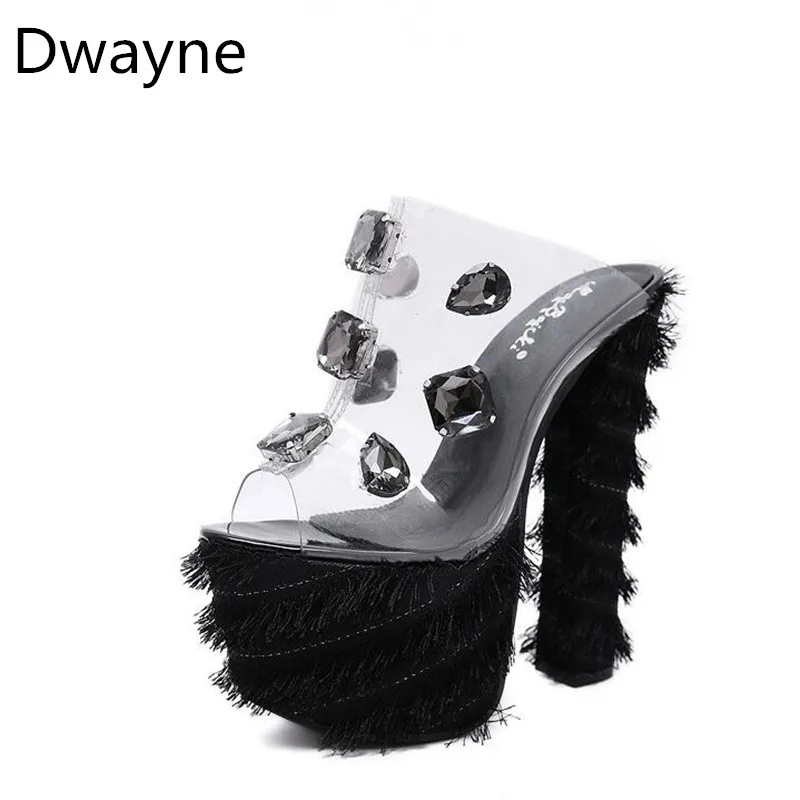 Dwayne/; прозрачные сандалии из пвх; Леопард с кристаллами; открытый носок; Высокий каблук; женские босоножки на прозрачном каблуке; шлепанцы; туфли-лодочки с бахромой; 16,5 см