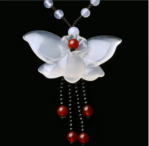 

New 100% natural white chalcedony butterfly pendant long sweater chain necklace