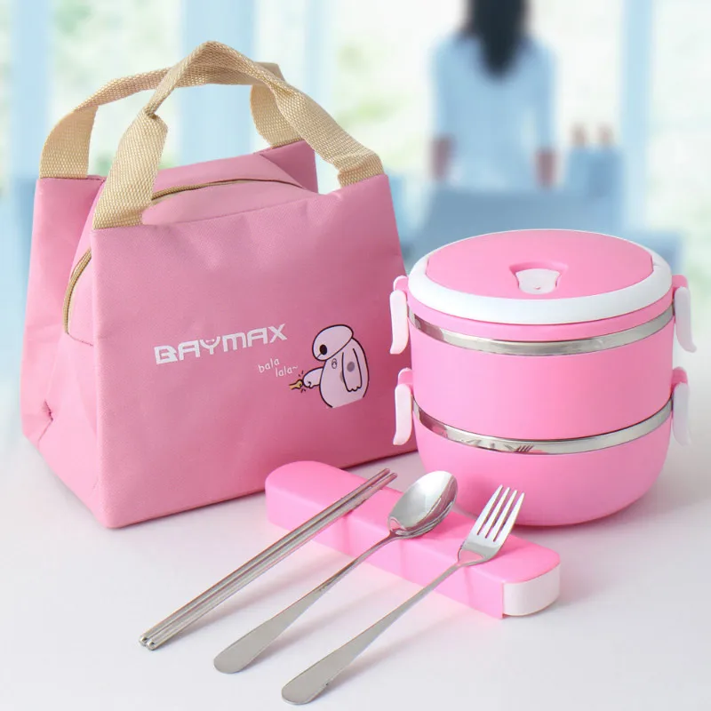 Pink 2 Layer 304 термо-бокс из нержавеющей стали для детей и взрослых, японский стиль, контейнер для хранения еды, изоляционный портативный Ланчбокс, наборы - Цвет: Pink 2 Layer