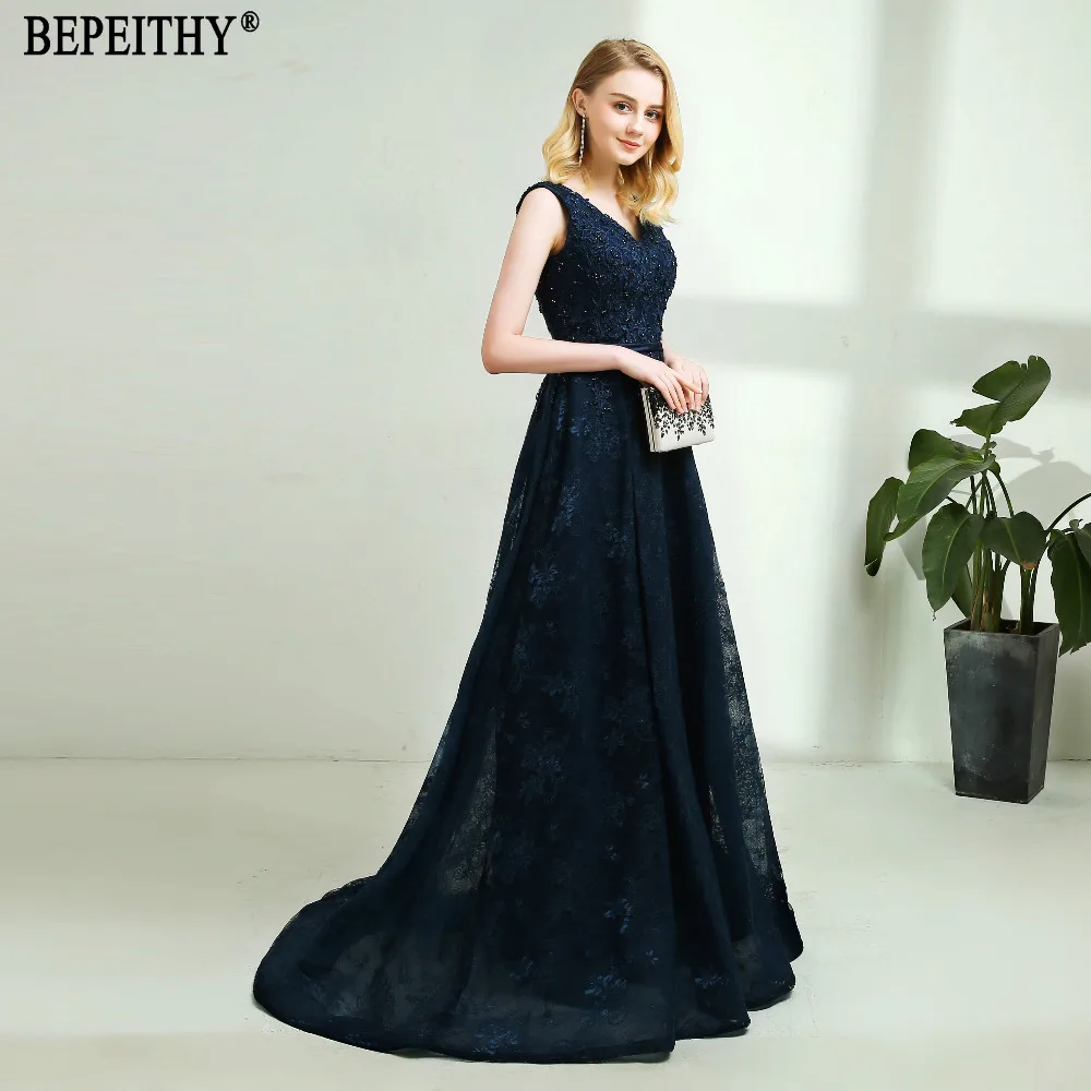 BEPEITHY vestido de festa Новое поступление V образным вырезом темно-синее Кружево Платья на выпускной с бусинами ремень Длинные вечерние платья