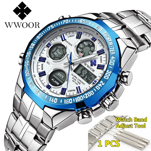 WWOOR Relogio Masculino Топ брендовые роскошные часы мужские часы золотые из нержавеющей стали военные наручные часы с большим циферблатом мужские - Цвет: silver blue add tool