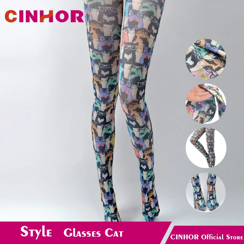 Glasses Cat CINHOR очки, Чулки с кошкой, весна и осень, тонкие женские колготки в стиле Харадзюку, устойчивые к разрыву бедра - Цвет: Glasses Cat