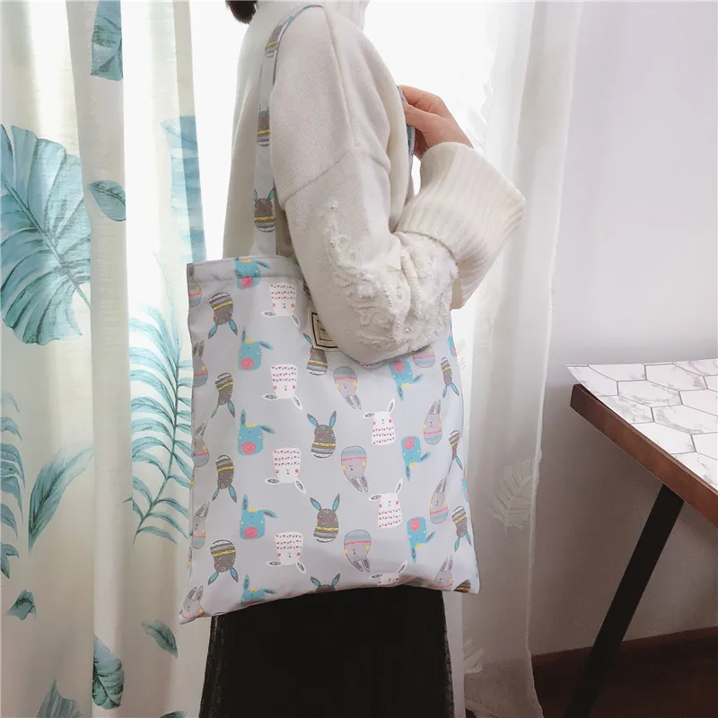 Water-proof Canvas Eco Shopping Tote Shoulder Bag Print Cartoon Bunny Pink Gray ZJ | Багаж и сумки