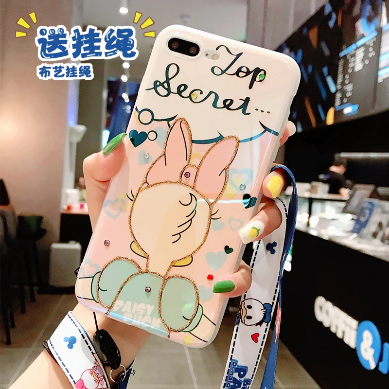 For iPhone 8/7 plus case XS MAX cute Daisy duck cover X/XR &amp tempered glass film for 6 6s+ bling shell girl gift + strap |