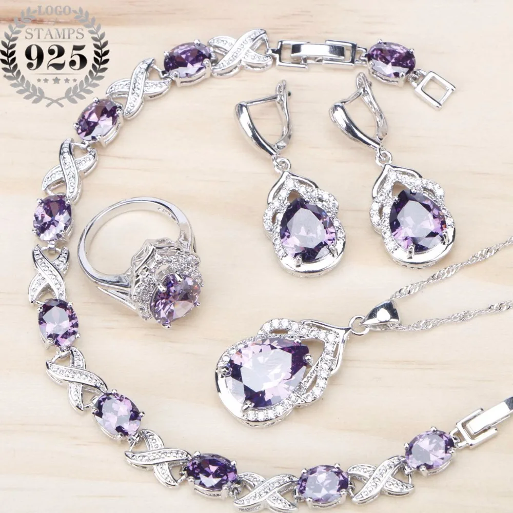 Серебро 925 Костюм Ювелирные наборы Для женщин фиолетовый циркон Камни Серьги/кулон/Кольцо/Браслеты комплект для свадебных украшений подарочная коробка