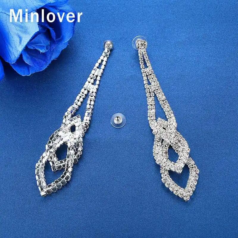 Minlover Rhinestone Geometric Long Pendant Drop Earrings Jewelry for Women Silver Color Hanging Dangle Wedding MEH1012 | Украшения и