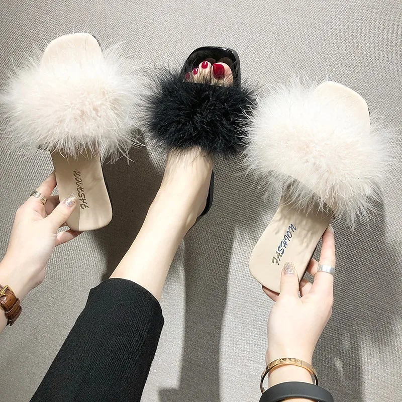 2019 г. летняя обувь новые тапочки на натуральном меху женские Вьетнамки меховые