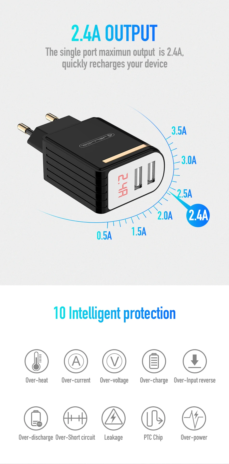 Jellico светодиодный дисплей 2 USB зарядное устройство для iPhone X 8 7 iPad быстрое настенное зарядное устройство ЕС адаптер для samsung S9 Xiaomi Mi 8 зарядное устройство для телефона