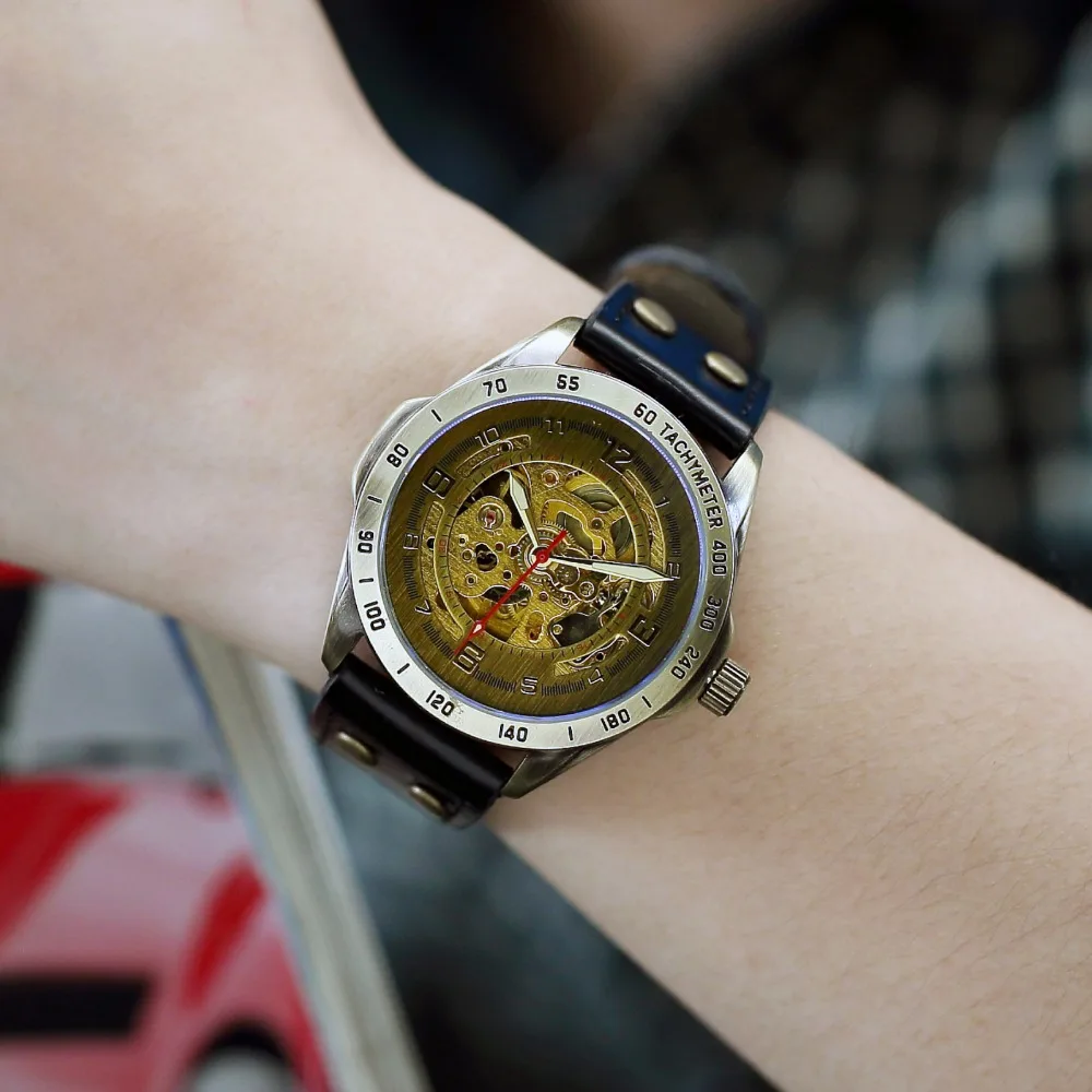 Горячие Продажа Античная Автоматическая Скелет Механические Часы Мужчины Bronze