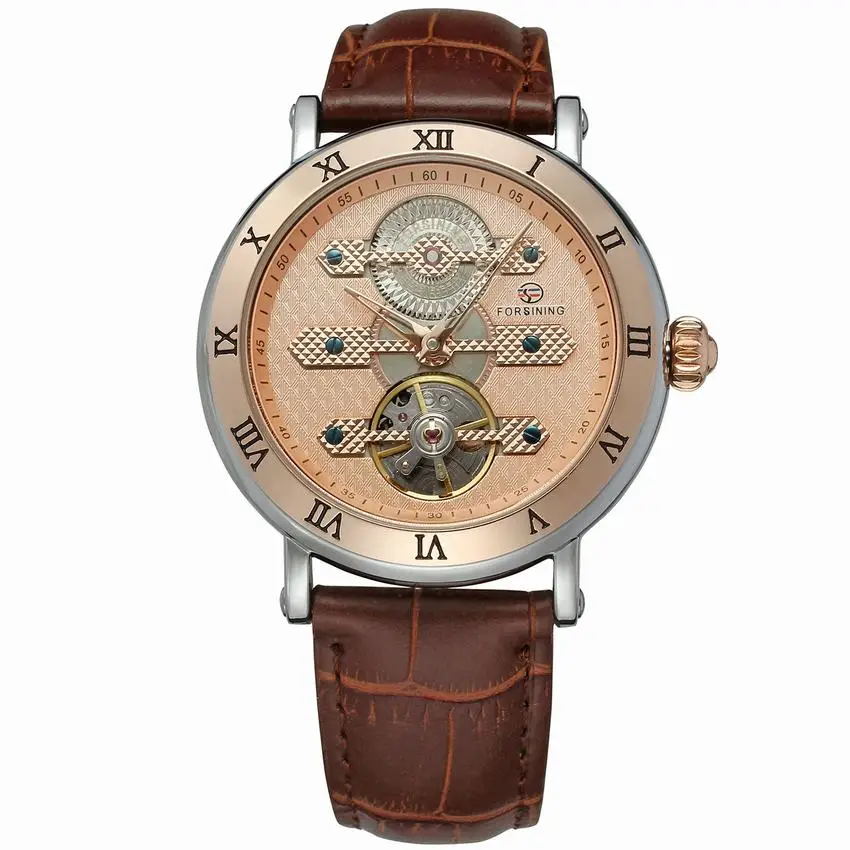 Classic Fashion Tourbillon Genuine Leather Rose Gold Dial Roman Number Case Automatic Self Wind Mechanical Watch Men New | Наручные часы