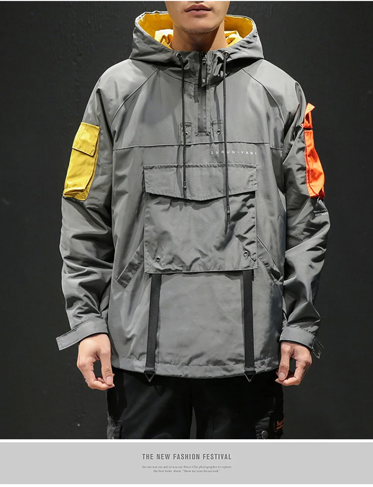 Hip Hop Spring Jackets Men Windbreaker Patchwork Autumn Loose Casual Hooded Jacket Male Coats Zipper Tracksuit Streetwear