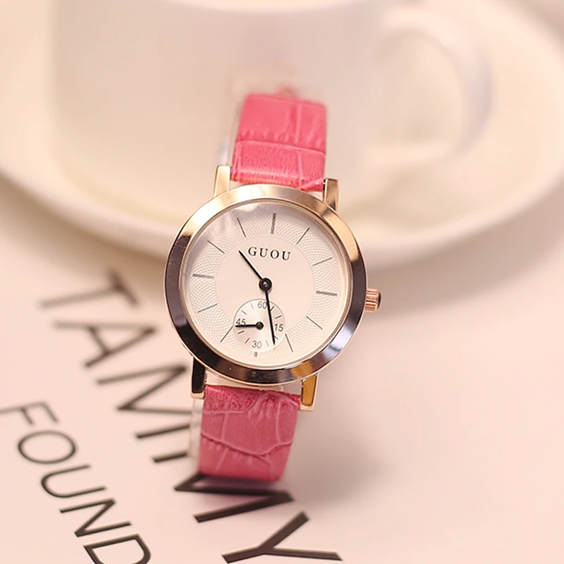 

Fashion GUOU Brand new Casual classic simple retro stylish and durable Clock Genuine leather with Rose Gold Ladies Watch gift