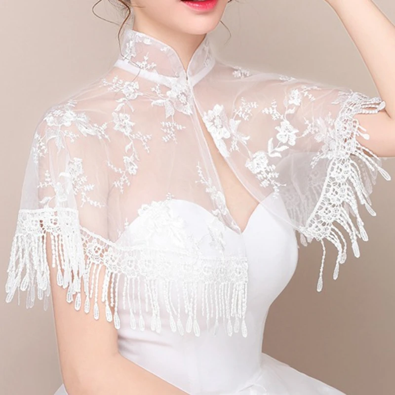 

High Neck Jacket Wedding Bolero Floral Lace Tassel Bridal Wraps Cape Women Shrug