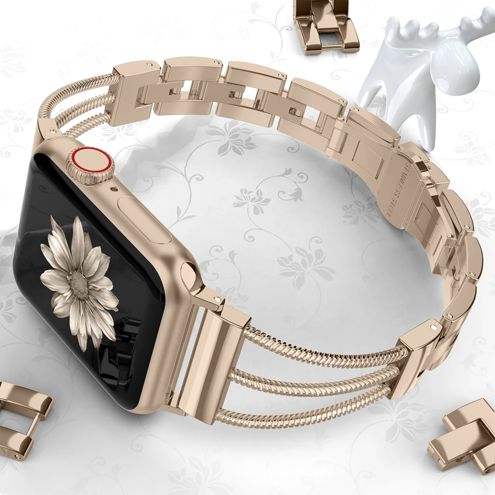 Женские браслеты из нержавеющей стали для Apple Watch, женский браслет, ремешок с ювелирной пряжкой для iWatch, серия 5, 4, 3, 2, 1