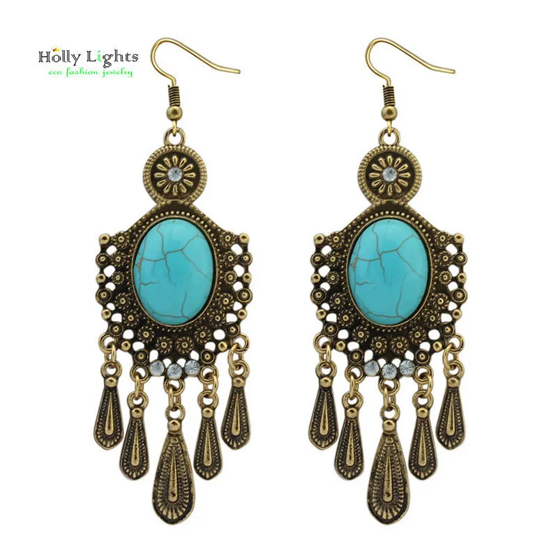 Women boho marble rhinestone beaded dangle set ethnic bohemian blue stone drop earrings tribal tassel jewelry antique gold gifts | Украшения