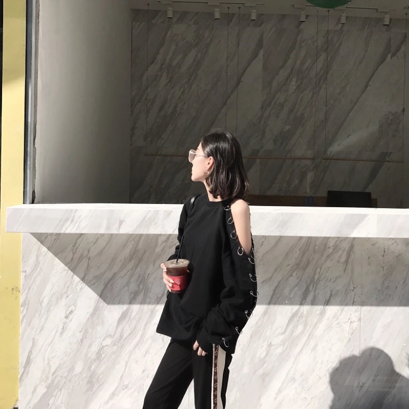 Женская Корейская Толстовка Harajuku Топ 2019 Весна BF шикарный стиль черный с