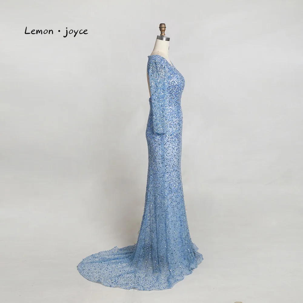 Lemon joyce Формальные Вечерние платья Длинные элегантные o-образным вырезом с длинным рукавом сексуальные бисерные платья для вечеринки с открытой спиной robe de soiree