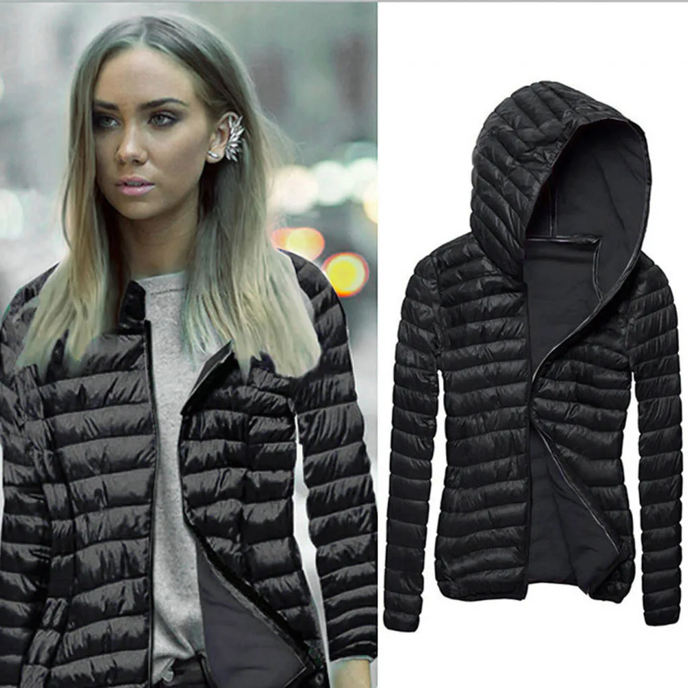 

Winter Parkas Women Winter Nice Female Overcoat Casual Solid Black Slim Hooded Jacket Women Zip Party Coat Outdoor Cazadora