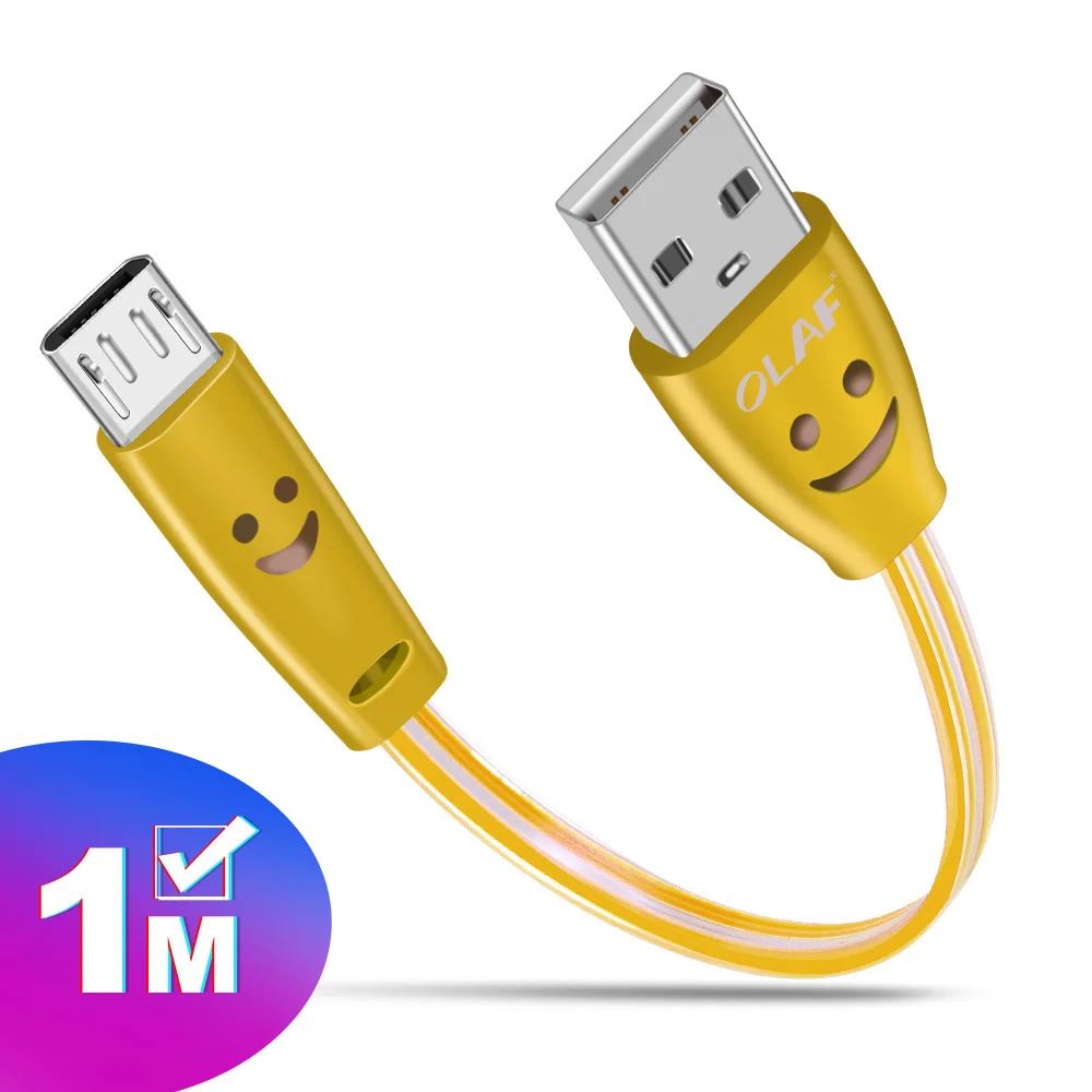 Yellow Олаф микро USB светящийся светодиодный светильник Быстрая зарядка данных улыбка мобильный телефон кабель для samsung Xiaomi Redmi Android usb зарядный шнур 1 м - Цвет: Yellow