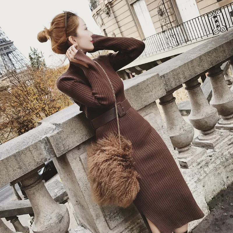 Водолазка Женская с Длинным Рукавом Сплит Подол Платье Свитер Женское