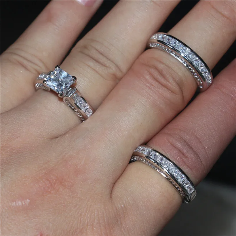Choucong изделия класса люкс 7*7 мм Принцесса cut 20ct 5a Циркон 3-в-1 925 серебро и 14KT золотое покрытие обручальные кольца палец для Для женщин