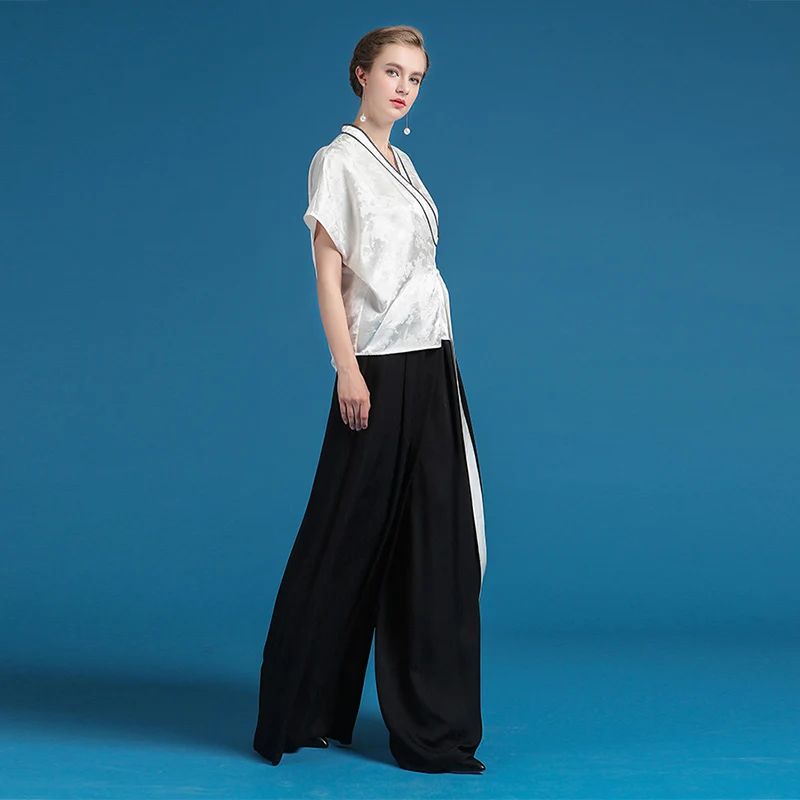 VOA Summer Heavy Silk White Kimono Blouse Fashion V-neck Sashes Women Tops Plus Size Brief Casual Short Sleeve Shirt BST00201 | Женская