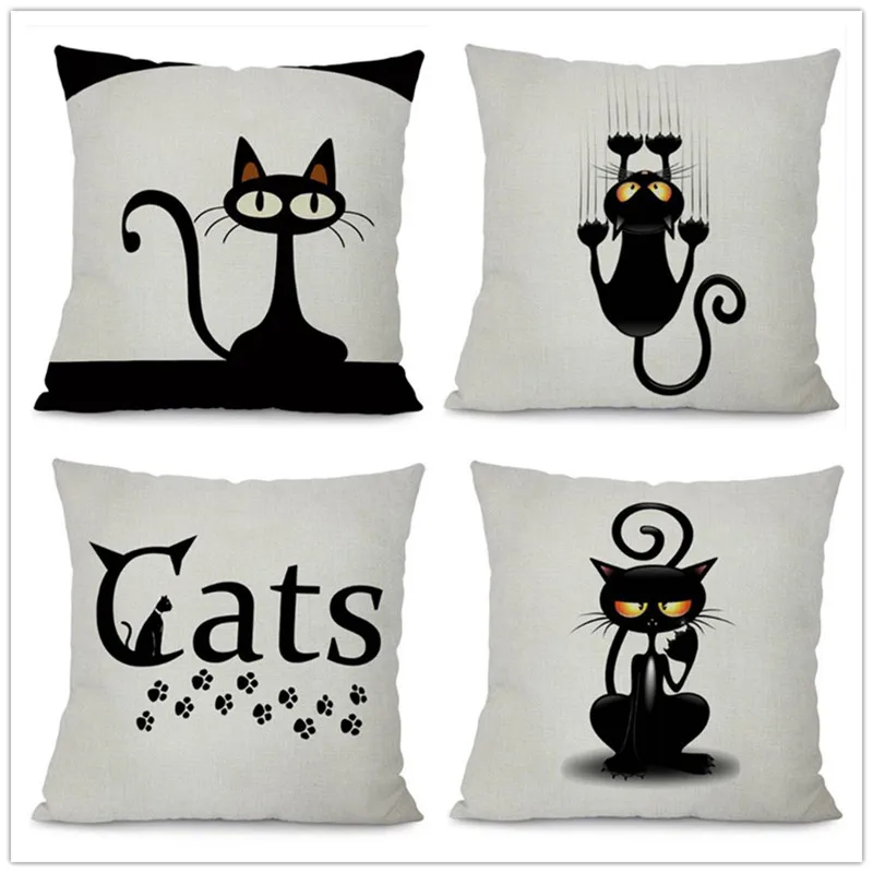

Square Cotton Linen Black Climbing Cat Animals Printed Decorative Throw Pillows Home Decor Cushion For Sofas No Core