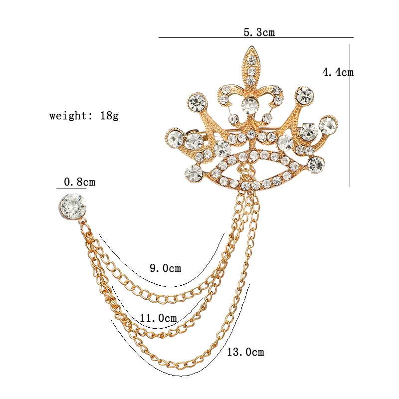 Роскошный ретро-стиль кристальная корона брошь из металла с тремя цепочками и вставками циркона, инкрустированная стразами, мужская и женская брошь.
